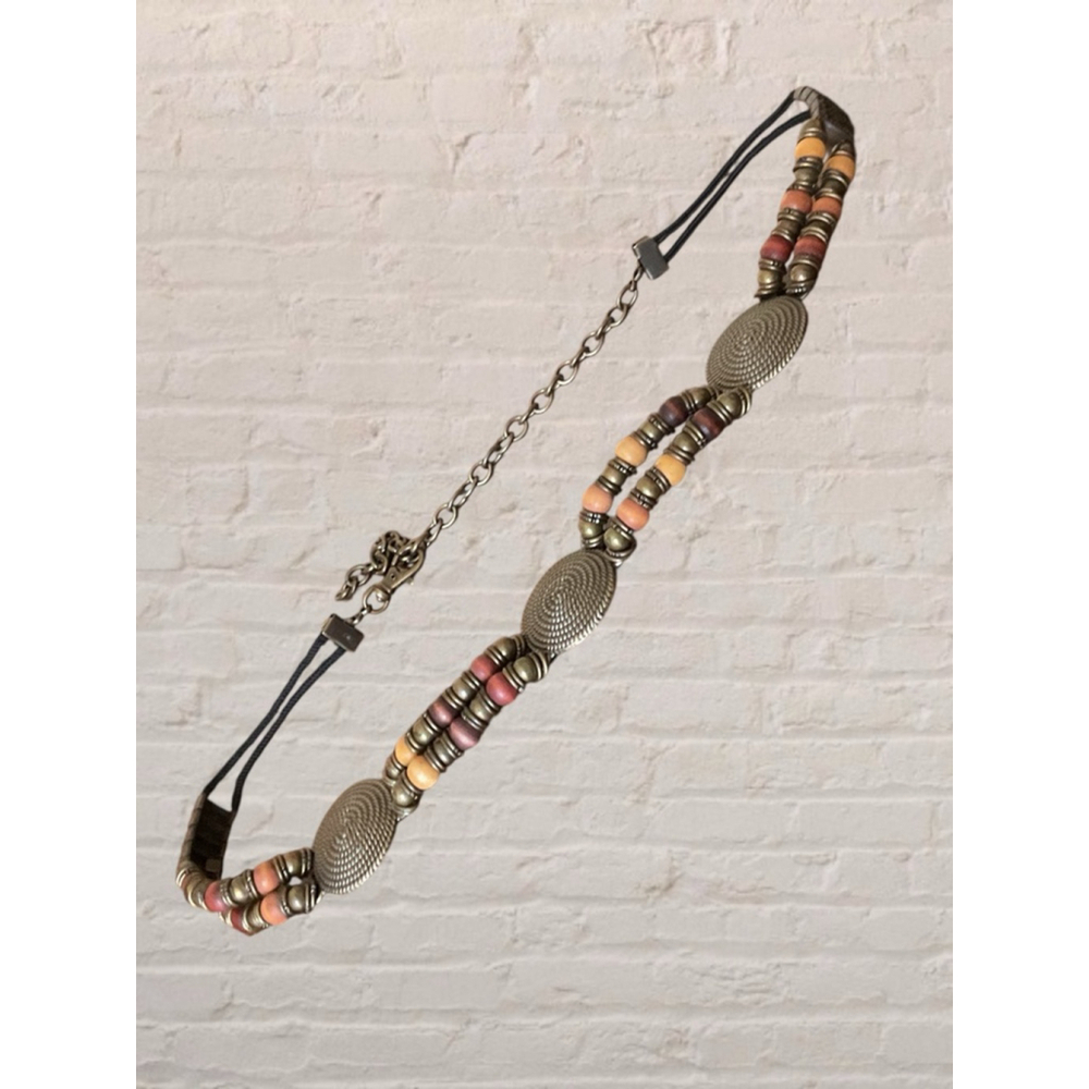Boho Beaded Belt vintage Brassconcho medallion Wood Bead adjustable Waist Belt - Picture 2 of 16